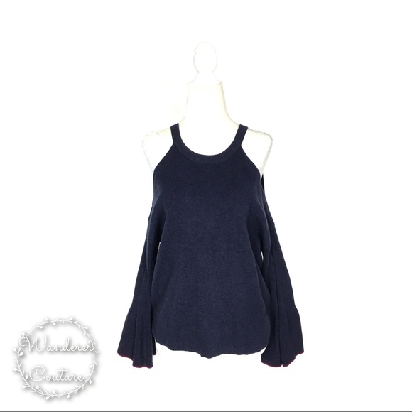 ANTHRO Knitted & Knotted Cold Shoulder Navy Knit Bell Sleeve Sweater Size XS - Picture 3 of 6